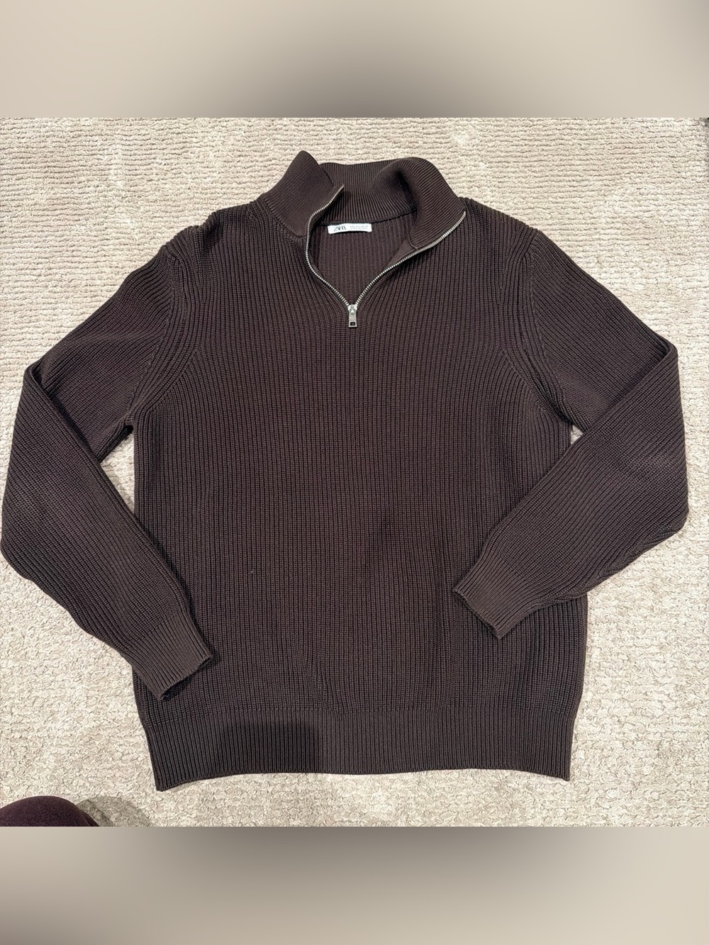 Zara 100% cotton dark brown quarter zip pullover, size large